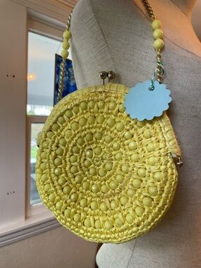 Yellow Round Beaded Woven Too Handle Bag by Marcus Brothers